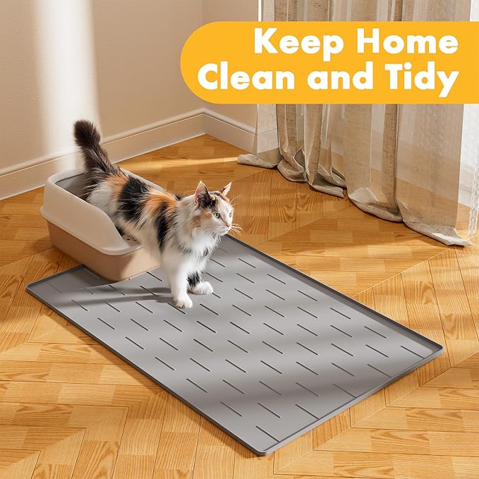 Pieviev Silicone Cat Litter Trapping Mat, 34''x22'' Large Cat Litter Mat, Easy to Clean & Soft on Kitty Paws, Waterproof Kitty Litter Pads for Indoor Cats, Light Grey