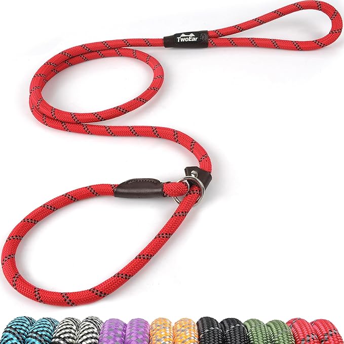 TwoEar Slip Leads for Dogs, 1/2" x 6FT Slip Leash for Large Dogs with Highly Reflective Threads, Comfortable Strong Rope Slip Leads, No Pull Pet Training Leash, Red