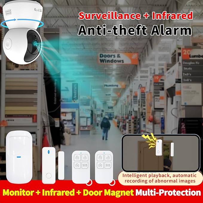 Indoor Security Camera, 1080p HD Dog-Camera, 2.4GHz WiFi Smart Home Security System, with Phone APP Alert, 5pcs Kit (Alarm Camera, Motion/Door Window Sensor, Remote) for Pet/Kid/Home