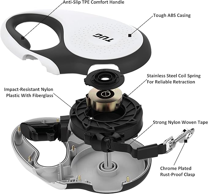 TUG 360° Tangle-Free Retractable Dog Leash | 16 ft Strong Nylon Tape | One-Handed Brake, Pause, Lock (Medium, White)
