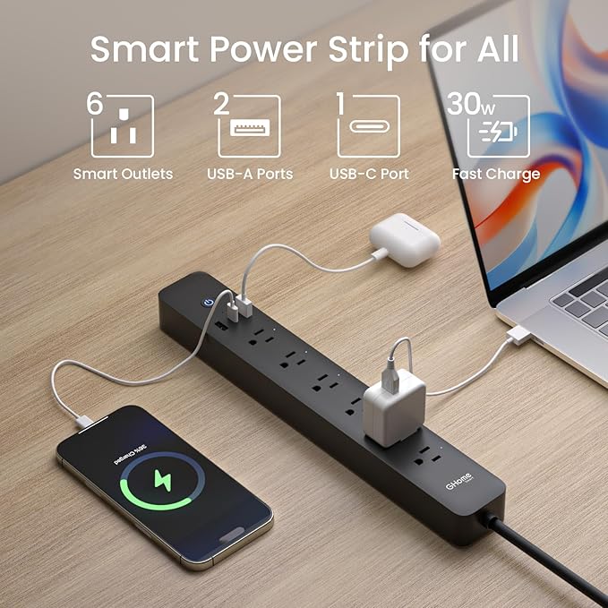 GHome Smart Plug Power Strip with 6 Smart Outlets & 3 USB Ports (30W Fast Charge, 2A1C), WiFi Surge Protector Works with Alexa & Google Home, Energy Monitoring, 2.4GHz Only, No Hub Required, Black