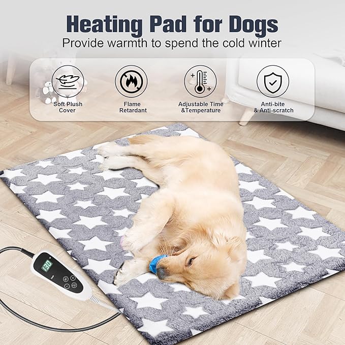 Newget Cat Heating Pad, Large Dog Heating Pad for Arthritis, Heated Dog Warming Pad for Indoor, Pet Heated Pad Blanket with 11 Adjustable Temperature Timer & Chew Resistant Cord (L: 35'' L X 24'' W)