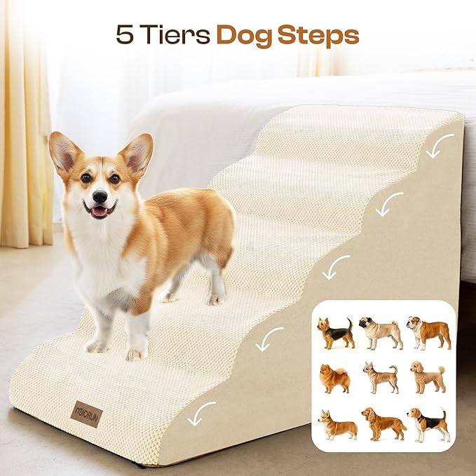 Extra Wide Dog Stairs for Large Dogs Up to 80lbs, 25" Pet Steps for High Bed with Washable Cover, 5-Step Foam Bed & Couch Ladder for Small Medium Dogs & Senior Cat, Beige