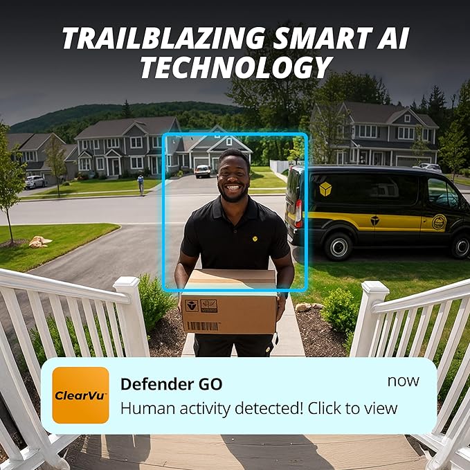 Defender GO 2K AI Powered Plug-in Indoor/Outdoor Home Business, Pet, Baby Camera, AI Detection, Dual Band Connection, Spotlight/Siren, Color Night Vision, 2-Way Talk, Works w/ClearVu App, 2 Pack