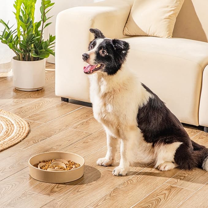 vancasso Slow Feeder Dog Bowl, 3 Cups Ceramic Slow Feeder for Large Breed, Puzzle Maze Dog Food Bowl for Fast Eater, Khaki