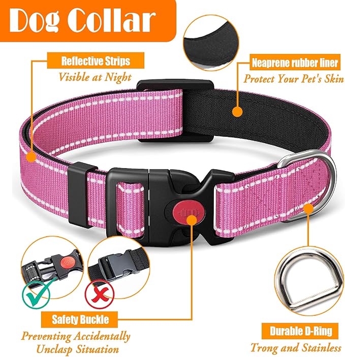No Pull Dog Harness, Collar & Leash Set | Includes Dog Seat Belt, Collapsible Bowls & Poop Bag Dispenser. Ideal for Training, Walking, Hiking. Fits Small to Large Dogs(Pink-S)