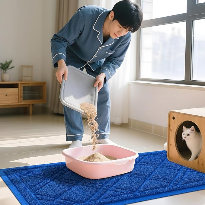 Smiry Cat Litter Box Mat 30x17, Non-Slip Water Resistant Litter Trapping Mat, Easy Clean Less Waste and Urine-Locking Cat Carpet for Indoor, Blue