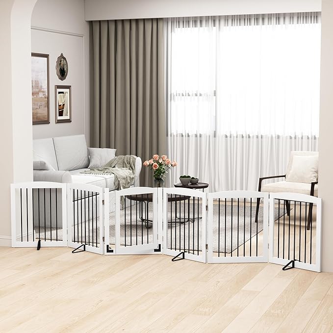 Freestanding Pet Gates with Walk Through Door, Dog Indoor Fence, Dog Gate for The House, Stairs, Extra Wide Pet Gate, Support Feet Included, 120 Inch Wide, 6 Panels 24" Tall, White & Black