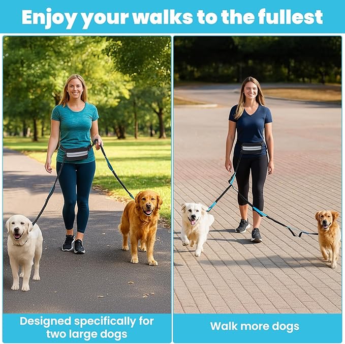 Hand Free Dog Leash with Pouch, Dog Leash for 2 Dogs with Dual Handles Retractable Dogs Walking Belt for Running Walking Jogging Pet Belt