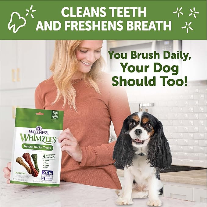 WHIMZEES Wellness Brushzees Dog Dental Treats, Natural Chews, Extra Small Size Stick, (48 Count)
