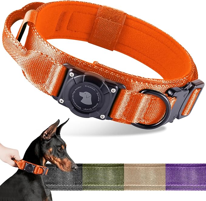 2025 Upgrade Waterproof AirTag Dog Collar, Military Tactical Dog Collar with AirTag Holder, Comfortable Control Handle and Metal Buckle, GPS Dog Collar Holder for Medium to Large Dogs (Orange, M)