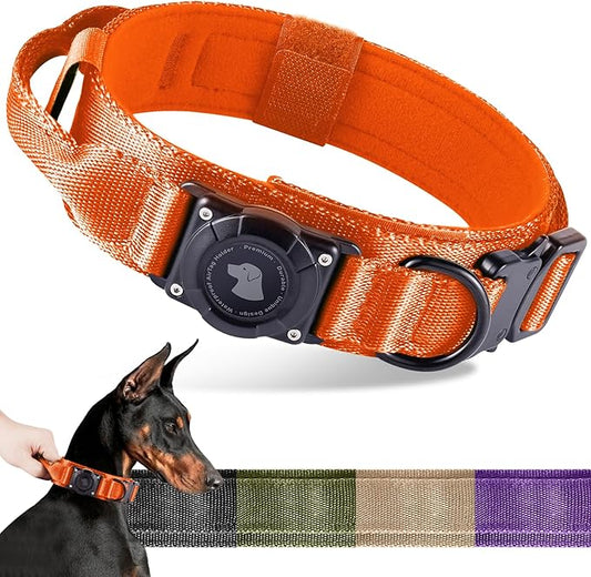 2025 Upgrade Waterproof AirTag Dog Collar, Military Tactical Dog Collar with AirTag Holder, Comfortable Control Handle and Metal Buckle, GPS Dog Collar Holder for Medium to Large Dogs (Orange, XL)