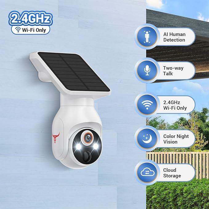 1080p Security Camera with Solar Panel, Smart AI Motion Detection, Night Vision, 2-Way Talk, IP65, Cloud Storage (Sold Separately), Indoor/Outdoor Surveillance Bullet Cam, 2.4GHz WiFi Only