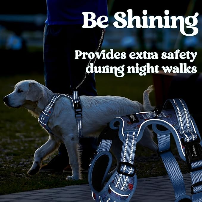 rabbitgoo Dog Harness for Large, No Pull Pet Harness with 3 Buckles, Adjustable Soft Padded Vest with Control Handle, Walking Reflective Pet Vest for Large Dogs, Floral Blue, L