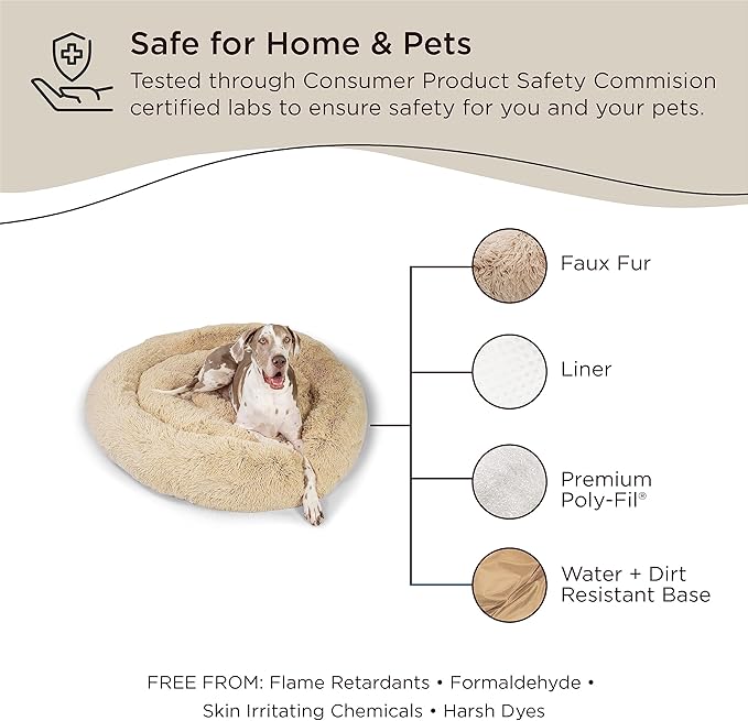 Best Friends by Sheri The Original Calming Donut Dog Bed – Washable Plush Pet Bed for XXL Breeds up to 210 lbs, Shag Faux Fur, Taupe, XXL (54" x 54")