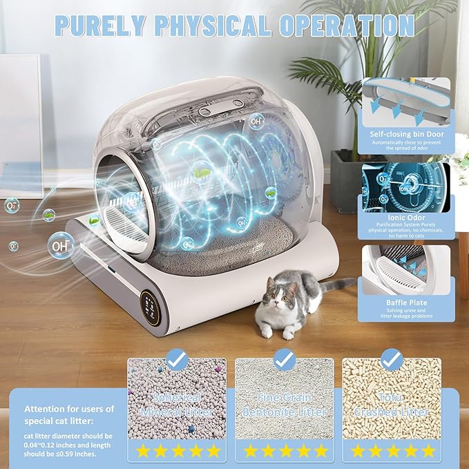 SUW Self Cleaning Litter Box, Automatic Cat Litter Box Self Cleaning for Multiple Cats, 65L+9L Robot, 3 Rolls Grabage Bags Liner, Negative ion Deodorization, APP Control, Toilet Monitorin,White