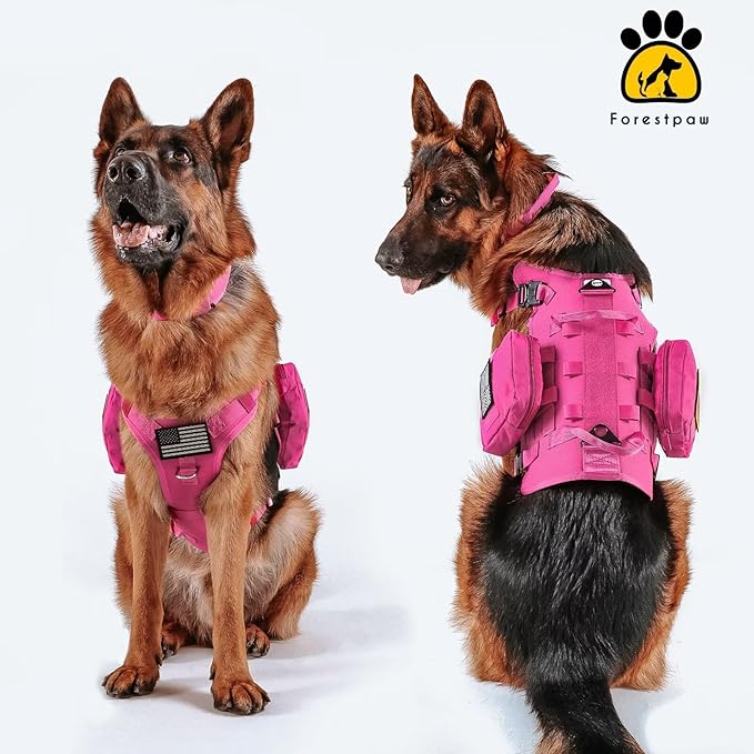 Forestpaw Pink Tactical Dog Harness for Large Dogs,Tactical Dog Collar with Bungee Leash Set,No Pull Military Dog Harness for Walking Training,Adjustable for Medium Large Dogs,Chest 15.5-25.5"