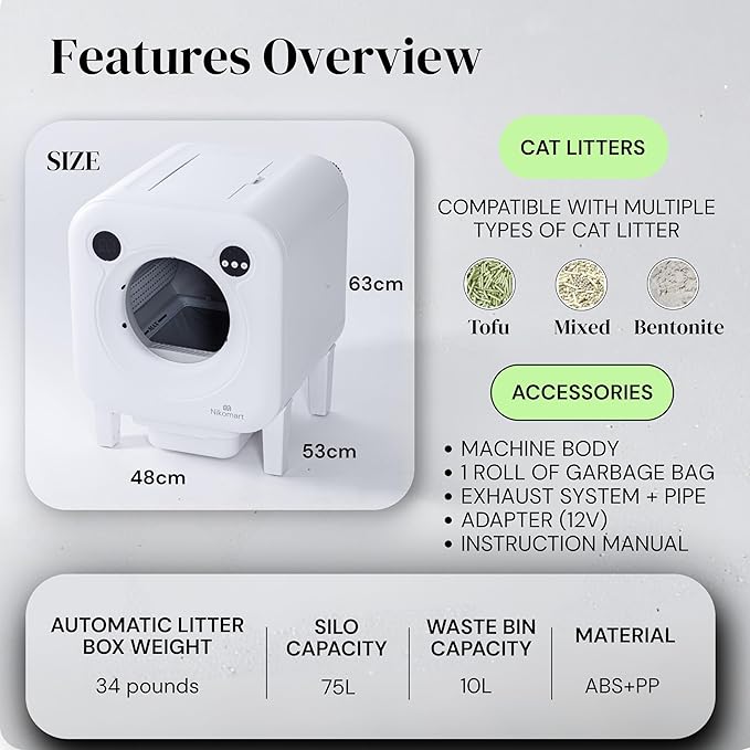 Automatic Litter Box 75L Extra Large Capacity for Multiple Cats - Self-Cleaning Litter Box with Camera, Intelligent Exhaust System, Safety Sensors and App Control for Your Smart Home