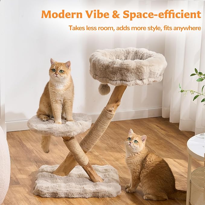 Cat Tree Modern Sturdy Solid Wood Cat Tower for Large Cat with Scratching Post for Indoor, Multifunctional Cat Tower with Cozy Bed and Platforms