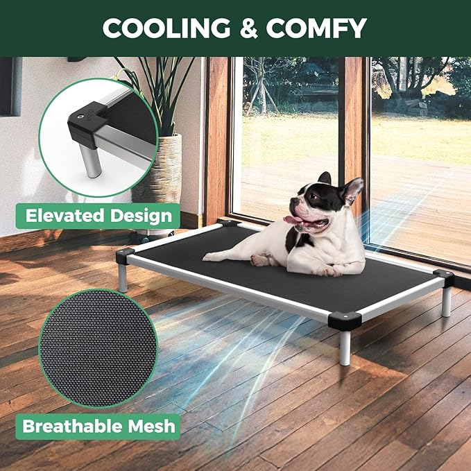 FXW TitanNest Chew-Proof Elevated Dog Bed, Raised Cot for Indoor/Outdoor/Camping Use, Durable & Waterproof Cooling Pet Bed with Exclusive Cover for Large Dogs, 50.0" L x 31.0" W x 7.3" H, Black