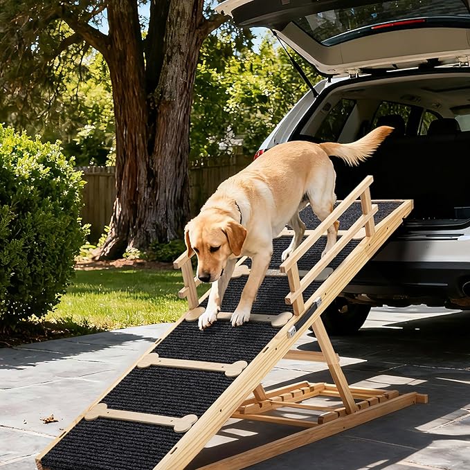 AQUILLA 60.9" Brown Wooden Dog Ramp for Bed, Couch & Car, 5-Level Adjustable Pet Ramp with Plush Anti-Slip Surface, Removable Rails, Angle Lock, Folding Dog Ramp for Small & Senior Pets, 200 lbs