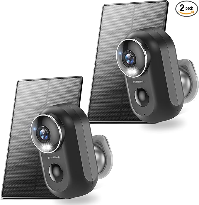 ZUMIMALL Solar Security Cameras Wireless Outdoor, 2Packs, Solar Camera Outdoor Wireless, 2.4G WiFi Battery Camera, 3MP Color Night Vision, Magnetic Mount, Siren,PIR/AI Analyse, IP66, Cloud, Alexa
