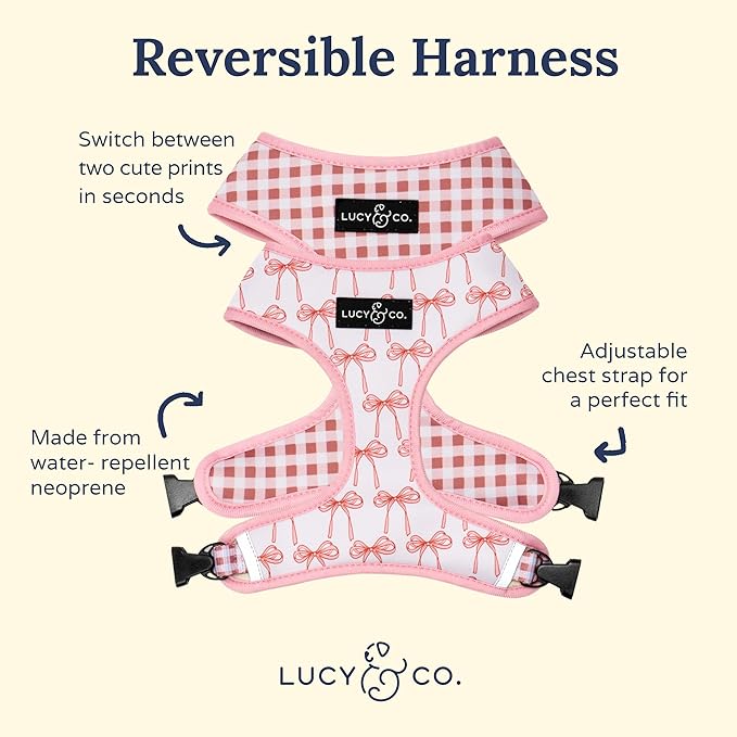 Lucy & Co. Cute Reversible Dog Harness Walking Halter - Best Designer Pet Harnesses for XS - XL Dogs - Padded Adjustable Vest for Easy Walking (Medium, Ballet Bows - White & Pink Bows)