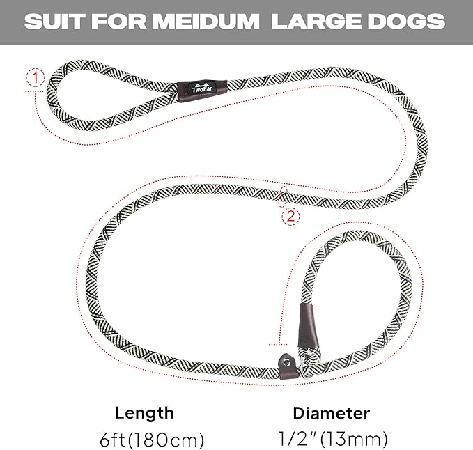 TwoEar Slip Leads for Dogs, 1/2" x 6FT Slip Leash for Large Dogs with Highly Reflective Threads, Comfortable Strong Rope Slip Leads, No Pull Pet Training Leash, Grey