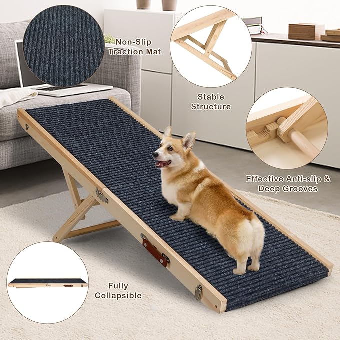 Folding Dog Ramp Safety, Wooden Adjustable Height Pet Ramps, Potable Dog Steps with Non-Slip Traction Mat, Dog Step for Bed, Dogs Stairs for SUV Car, Couch, Safe, Height Bed