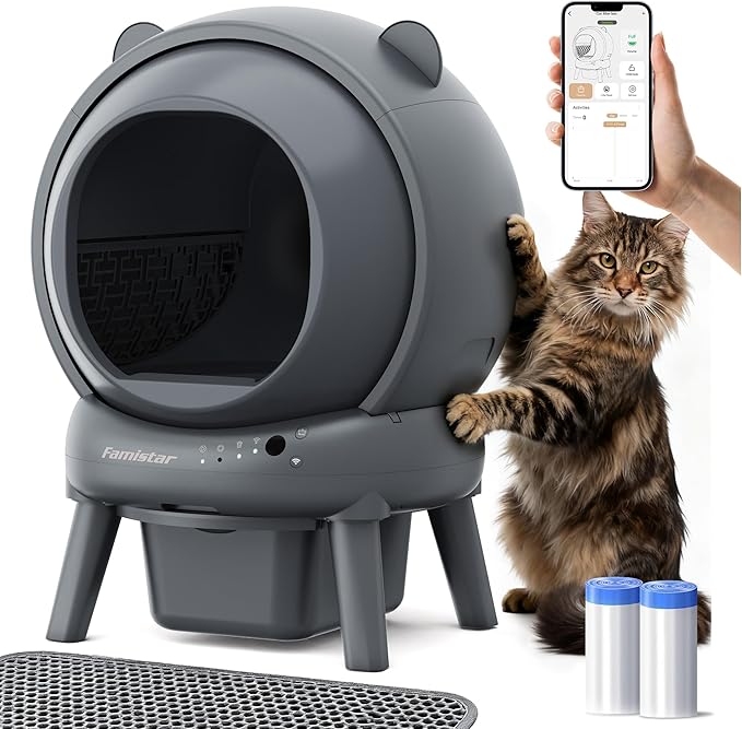 Self Cleaning Litter Box for Multiple Cats, 100L+15L Automatic Cat Litter Box, Self-Cleaning Litter Robot with Safety Sensors, APP Control, Includes 2 Rolls Waste Bags and Litter Mat, Grey