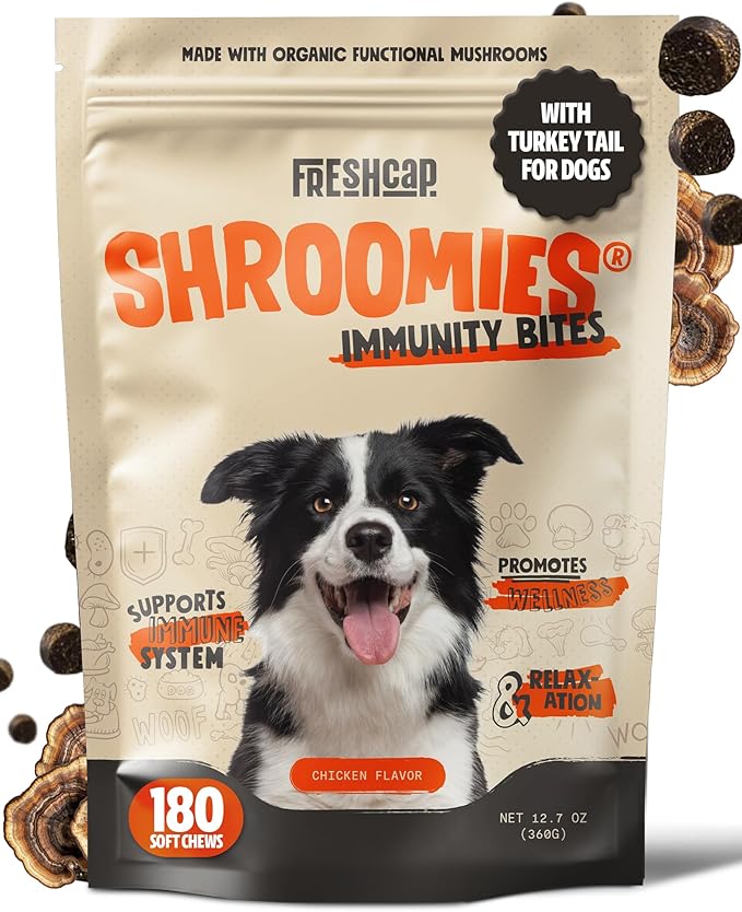 FreshCap Mushrooms Shroomies - 13 in 1 Turkey Tail Mushroom for Dogs, Super Blend Mushroom Supplement for Dogs, Dog Immune Support, Calming Treats (180 Soft Chews)