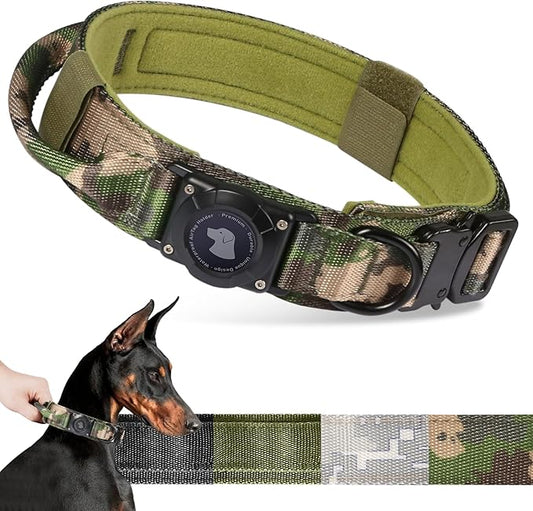 2025 Upgrade Waterproof AirTag Dog Collar, Military Tactical Dog Collar with AirTag Holder, Comfortable Control Handle and Metal Buckle, GPS Dog Collar Holder for Medium to Large Dogs (Camouflage, XL)