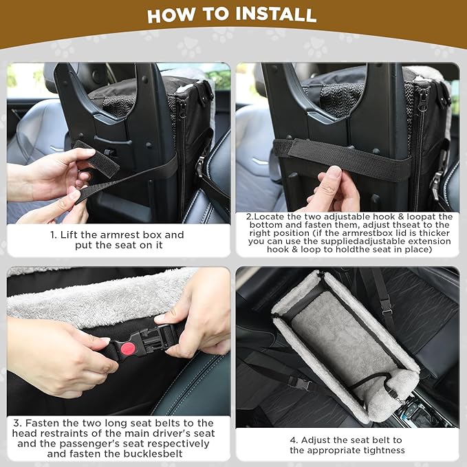 Upgraded Zipper Center Console Dog Car Seat for Small Dogs, Pet Booster Seat with Safety Hook & Adjustable Strap,Washable Center Console Car Bed with Storage Pocket for Pets up to 15lbs