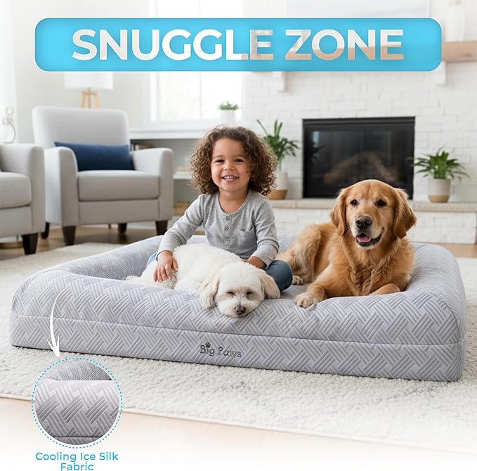 Big Paws Cooling Orthopedic Dog Bed for Large & Senior Dogs – High-Density Memory Foam, Waterproof Liners, Washable Cover, Non-Slip Base, Raised Bolsters – XL Mattress for Joint Relief