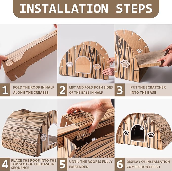 Forest Lodge Cardboard Cat House with Built-in Scratchers - 20 x 16 x 13 Inch Eco-Friendly Indoor Hideout for Cats and Small Animals