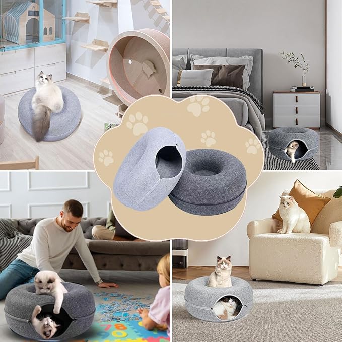 Tunnel Bed for Indoor,cattasaurus Peekaboo cat cave for Multiple,Detachable Felt Felt Washable Interior for Indoor Cats,Donut Tunnel -24inch(Light Gray) (Light Gray + Dark Gray)