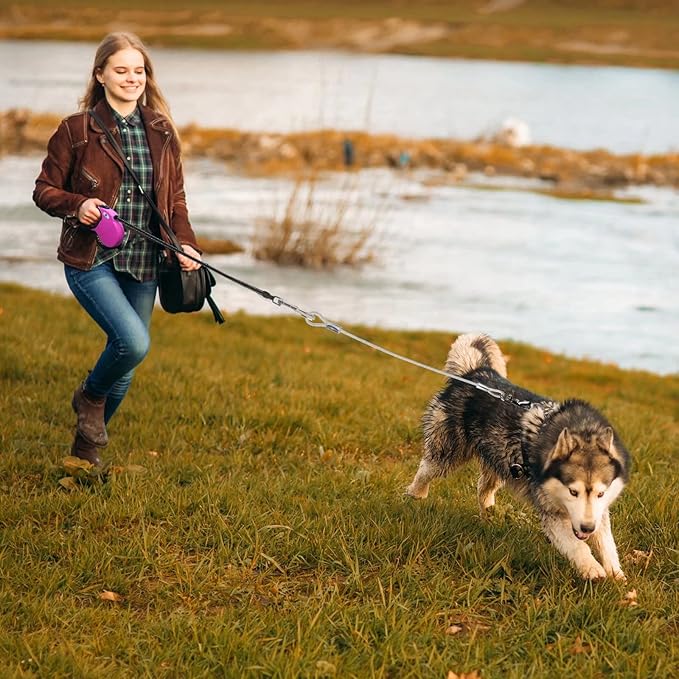 16ft Retractable Dog Leash for Large Breed Dogs up to 110 lbs with a Detachable Chew Proof Extender Wire Ropes (Pink L)