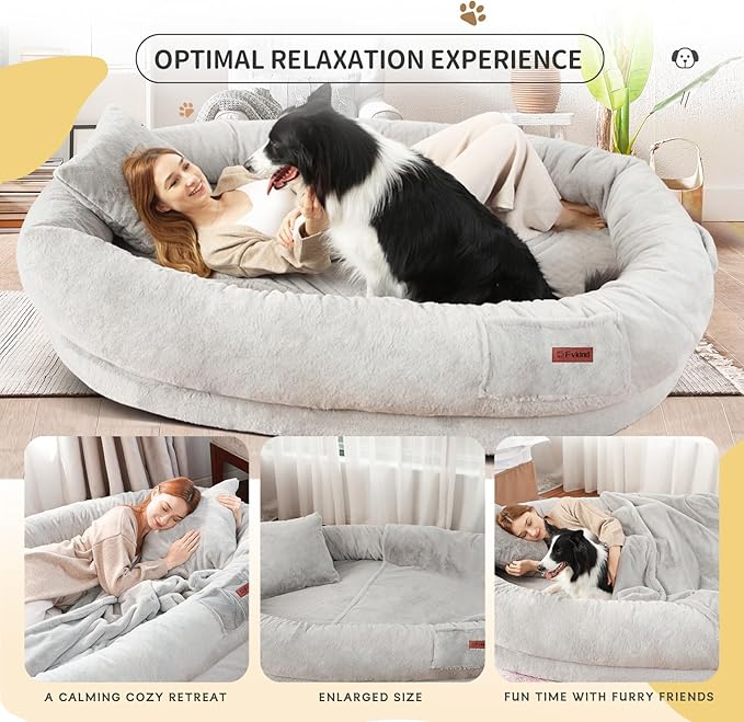 Human Dog Bed for Adult Kids, 70"x33"x12" Washable Faux Fur Human Size Dog Bed for People Doze Off, Grey