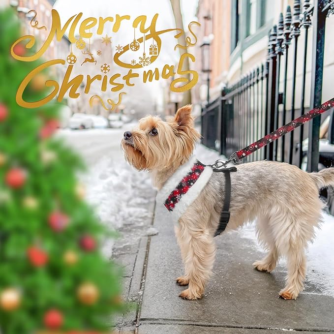 SCENEREAL Dog Christmas Harness Collar and Leash Set, Warm Fleece No Pull Puppy Vest Harnesses No Chock Adjustable Step in Small Pet Halter for Outdoor Walking Training, Black Red Plaid XS