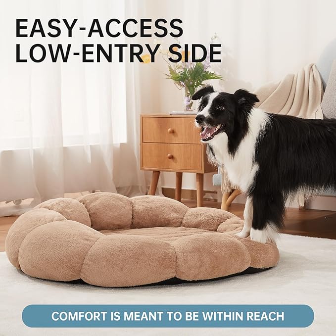 OhGeni 36 inches Calming Donut Orthopedic Dog & Cat Bed for Large Pets, Warming Comfort Fluffy Short Pile Fur, Durable Waterproof Machine Washable Removable Cover, Cute Round Bed for Puppy, Camel