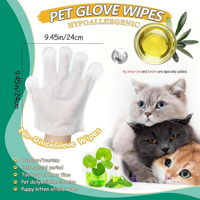 20 PCS Pet Cleaning and Deodorizing Bathing Grooming Glove Wipes for Dogs and Cats, Extra Thick Nourish Fur No-Rinse Grooming Wipes for Daily Care and Travel, Hypoallergenic