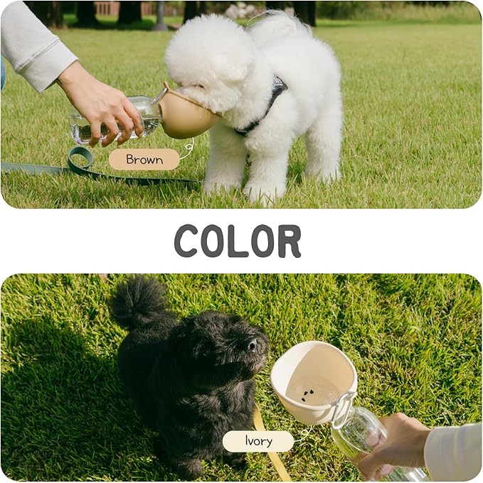 Portable Dog Water Bottle Bowl, for Travel, for Outdoor Activities, BPA Free Silicone Body, Easy to Clean, Dishwasher Safe, Carabiner Included (Brown)