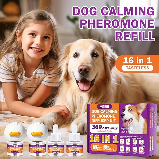 Dog Pheromone Calming Diffuser 16-in-1 Kit Appeasing Pheromone Diffuser to Calm Dogs (4 Plugin+12x48ml Refills) for Anxiety Relief Reduce Barking Aggression Fighting Stress 360 Day Supply(Tasteless)