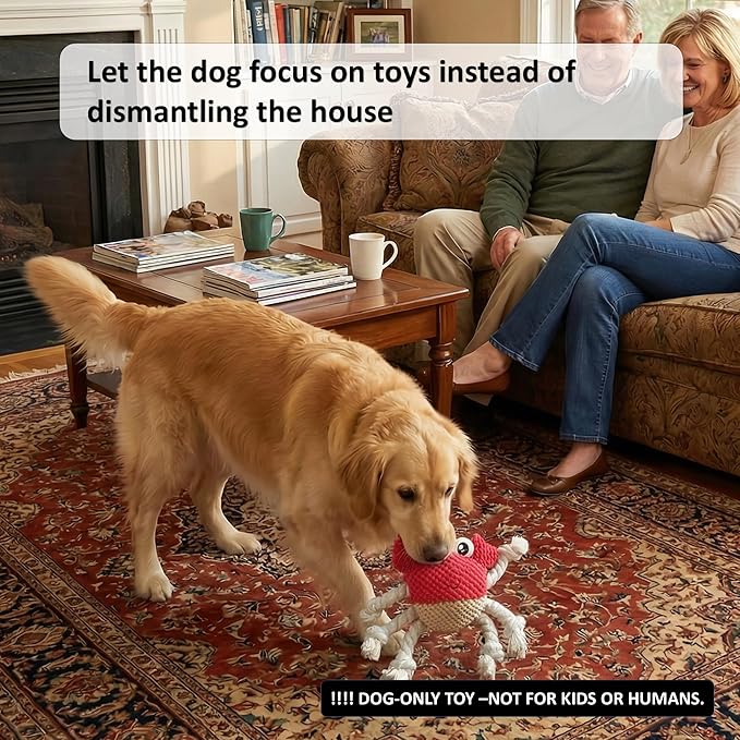 Squeaky Crab Dog Toy with Rope Legs - Durable Chew Toy for Small Dogs | Built-in Whistle & Crinkle Sounds | Teeth Cleaning | Interactive Dog Toys (RED)