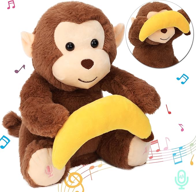 Hopearl Peek A Boo Monkey with Banana Interactive Repeats What You Say Plush Toy Musical Singing Talking Stuffed Animal Adorable Electric Animate Birthday Festival, Brown, 11''