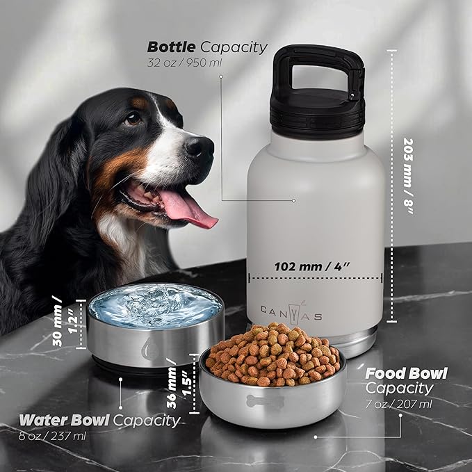 Insulated 32oz Stainless Steel Dog Water Bottle with Food & Water Bowls, Leak-Proof Pet Travel Dispenser for Dogs, Portable for Hiking, Walking, Outdoor
