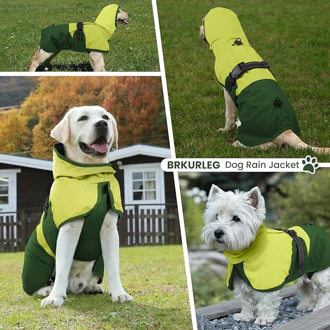 BRKURLEG Dog Raincoat for Small Medium and Large Dogs Waterproof Dog Rain Jacket Adjustable Hooded Dogs Raincoat Pet Rain Coat Poncho with Leash Hole, Reflective Strip, Green, S