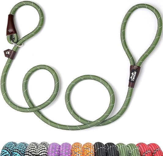 TwoEar Dog Slip Rope Leash - 6FT Heavy Duty Training Leash with Reflective Threads for Small to Large Dogs (Slim, 3/8''x6ft, Green)
