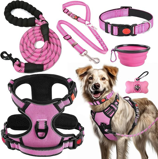 No Pull Dog Harness, Collar & Leash Set | Includes Dog Seat Belt, Collapsible Bowls & Poop Bag Dispenser. Ideal for Training, Walking, Hiking. Fits Small to Large Dogs(Pink-XL)