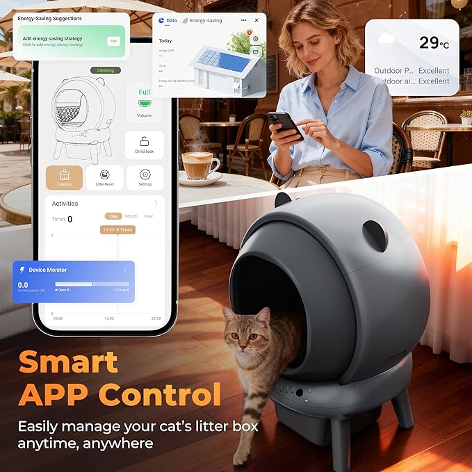 Self Cleaning Litter Box for Multiple Cats, 100L+15L Automatic Cat Litter Box, Self-Cleaning Litter Robot with Safety Sensors, APP Control, Includes 2 Rolls Waste Bags and Litter Mat, Grey